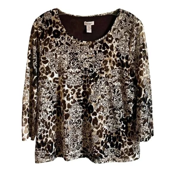 Chico’s Easywear Brown Tan Leopard Floral Print Blouse Size M - Picture 1 of 12